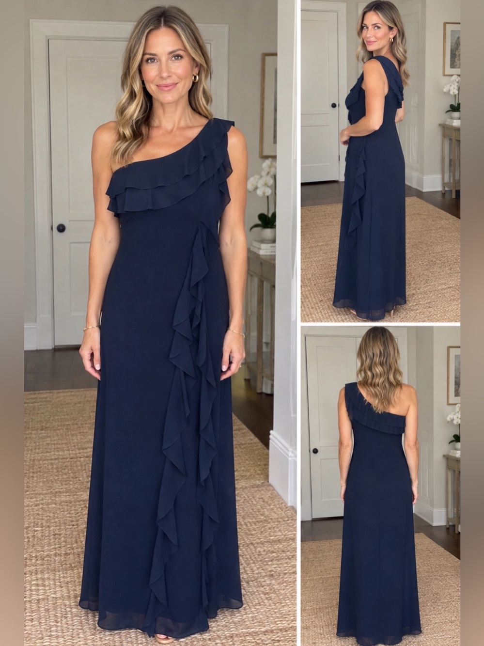 Alex Evenings Midnight Blue One-Shoulder Chiffon Long Dress, Petite 14